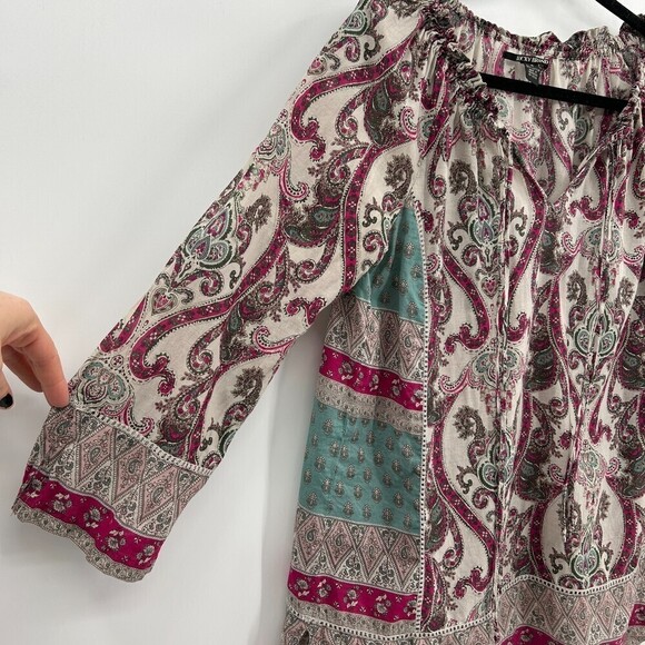 LUCKY BRAND Cream Burgundy Teal Sheer Lightweight Paisley Print Boho Top Medium - Picture 4 of 5